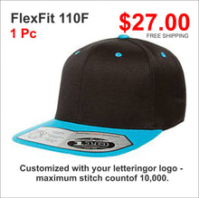 Load image into Gallery viewer, Flexfit 110F Wool Blend / Flat Bill / Snap Back with Custom Embroidered Logo or Text.
