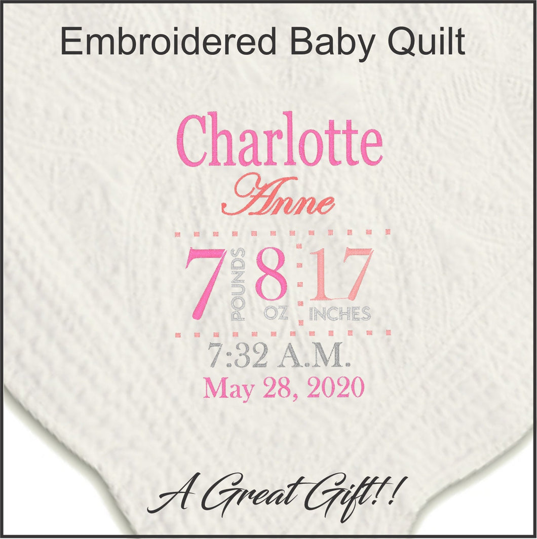 Embroidered Baby Quilt with Child's Birth Information